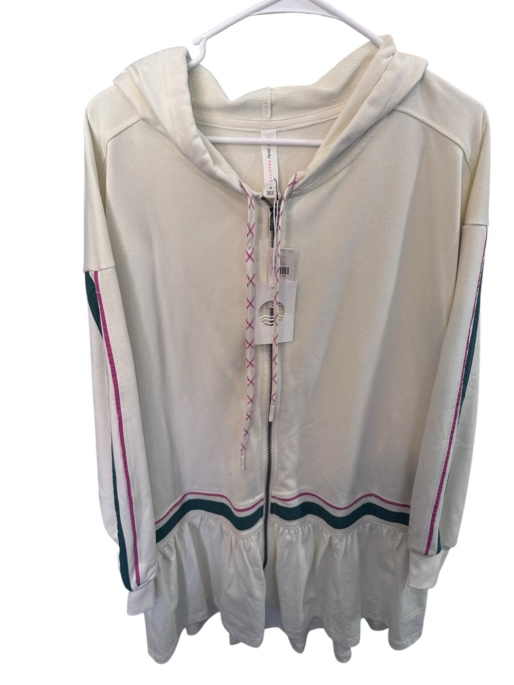Anthropology Daily Practice Cream Hooded Zip Dress with Pink & Teal Stripe